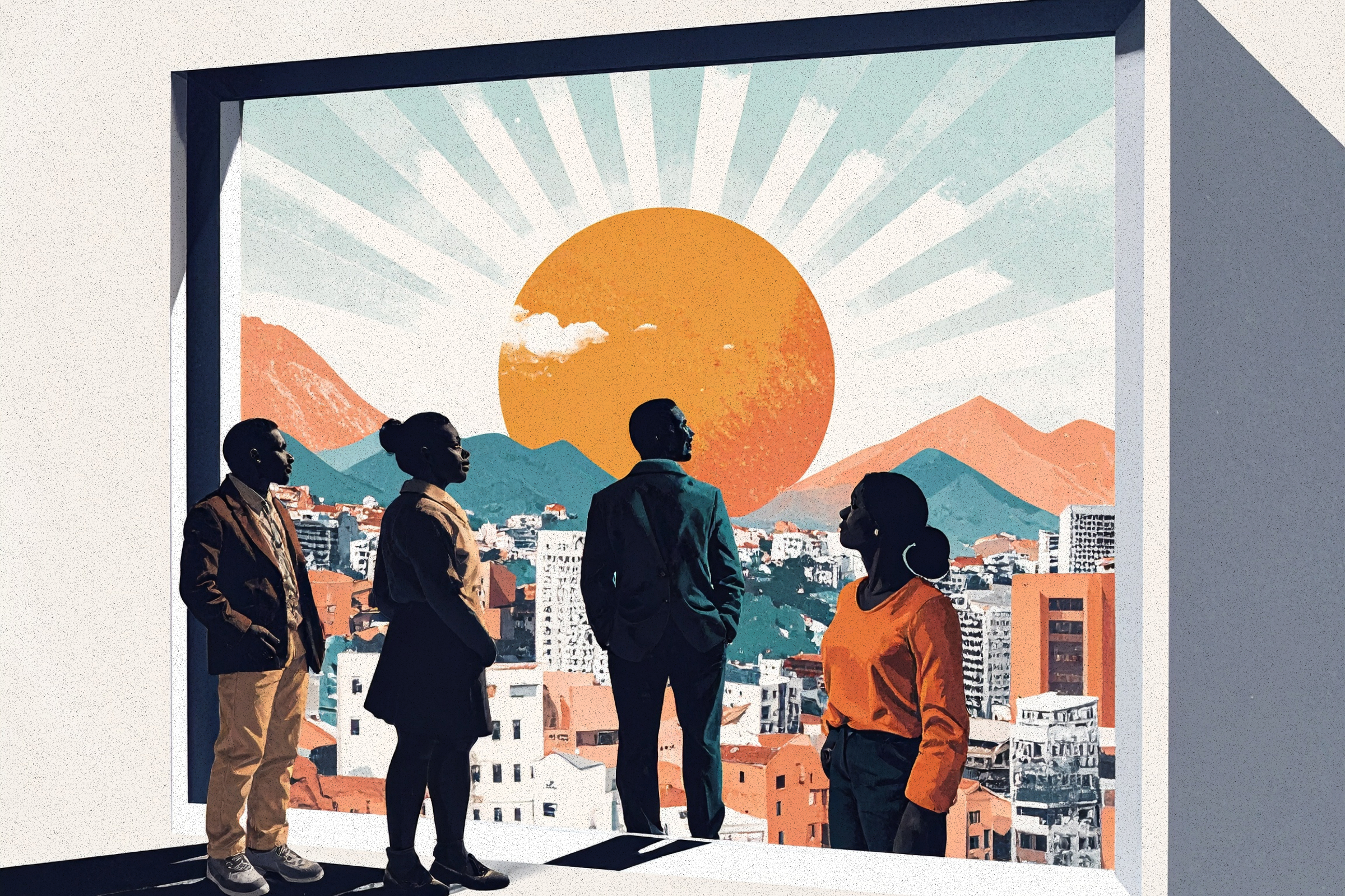 Group of people looking at the sunrise out a window overlooking a city