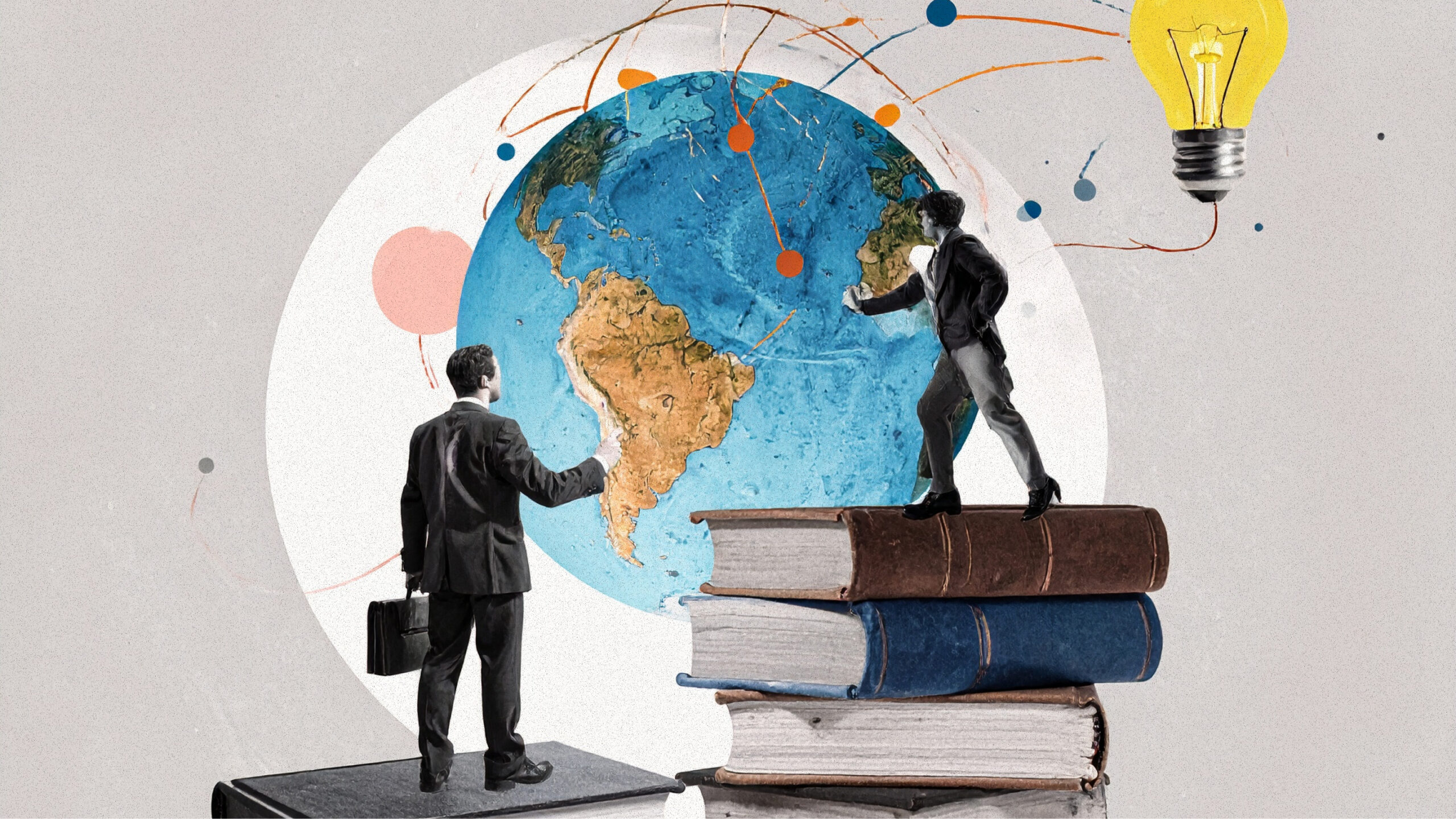 People standing near globe on top of books.